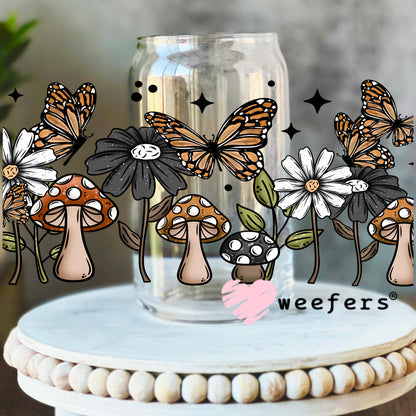 Mushroom Butterflies Grey Flowers UV DTF Cup Wrap 16oz Libbey Glass Original Size Weefers