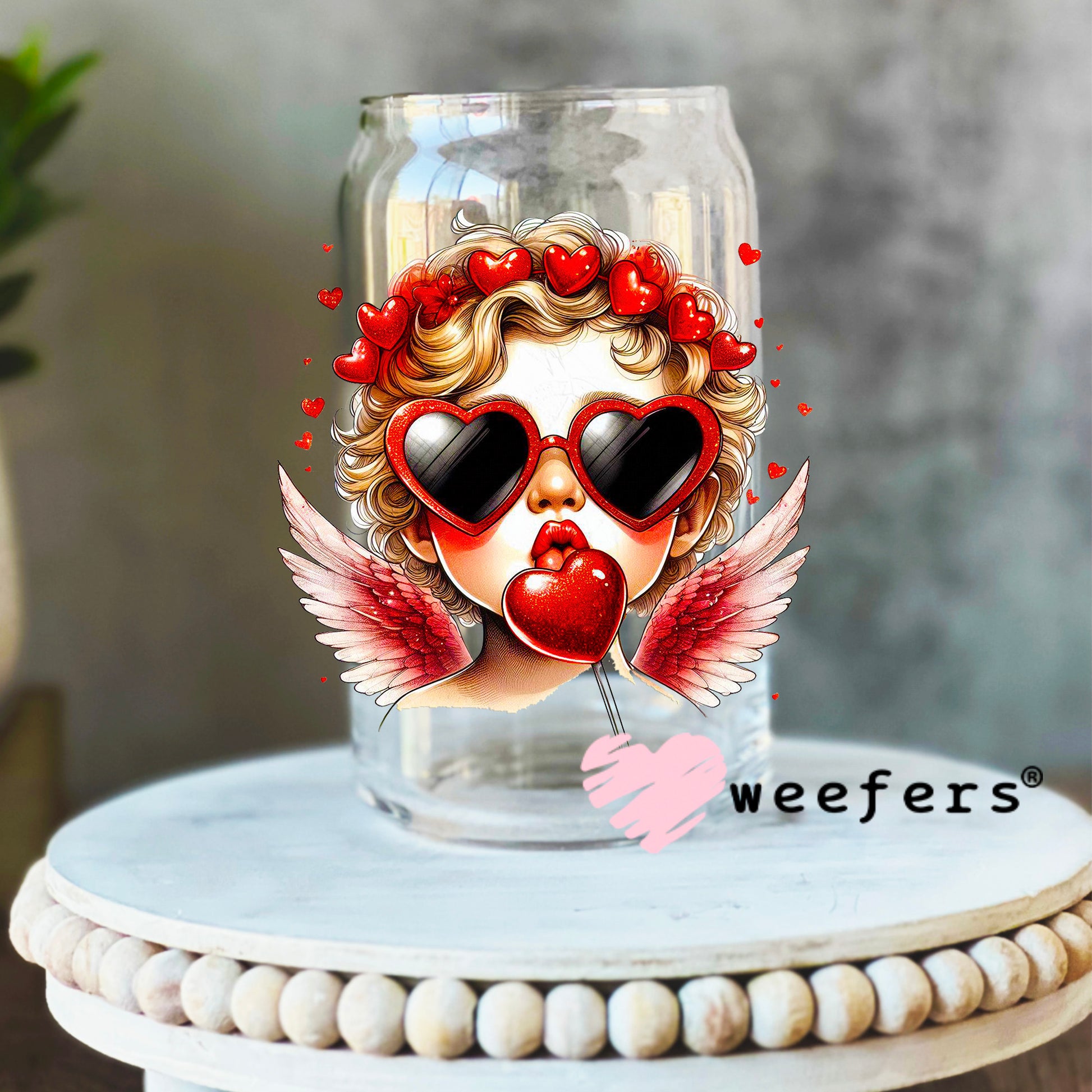 Cupid Valentine UV DTF Decal 16oz Libbey Glass Original Size Weefers