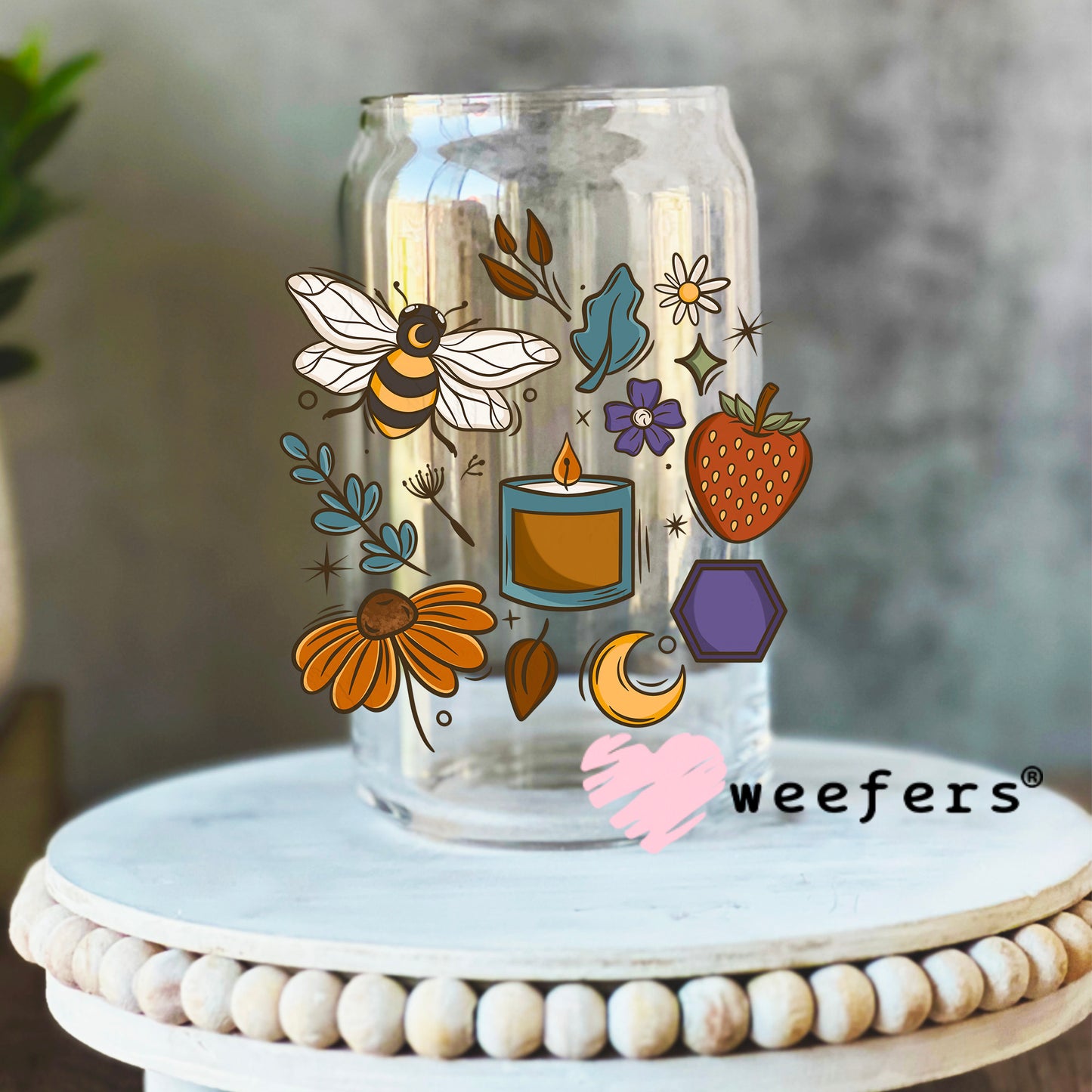 Bee Candles Flowers Elements UV DTF Decal 16oz Libbey Glass Original Size Weefers