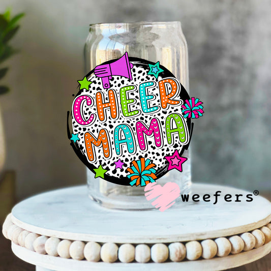 Cheer Mama Spots Colorful UV DTF Decal 16oz Libbey Glass Original Size Weefers