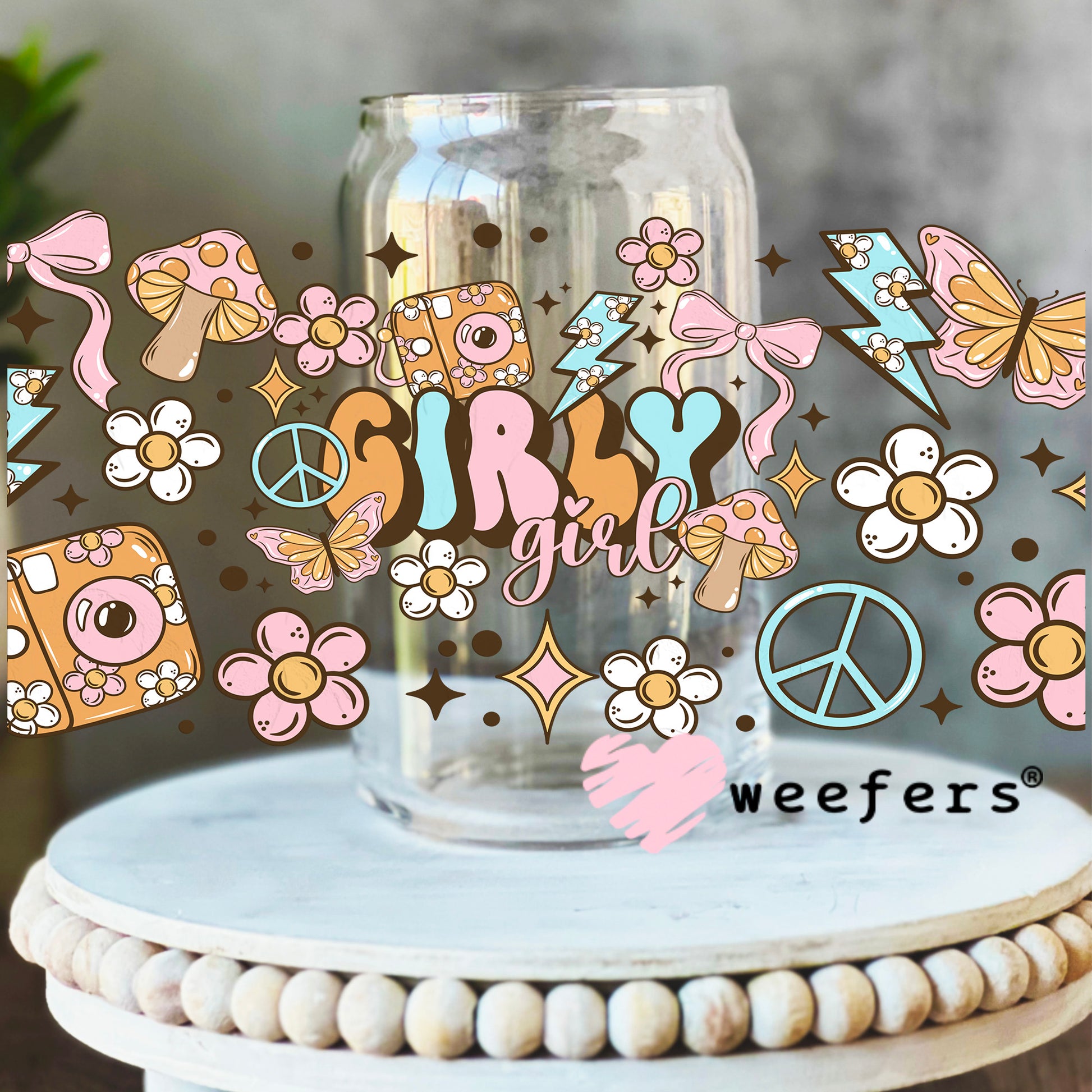 Girly girl Peace Signs UV DTF Cup Wrap 16oz Libbey Glass Original Size Weefers