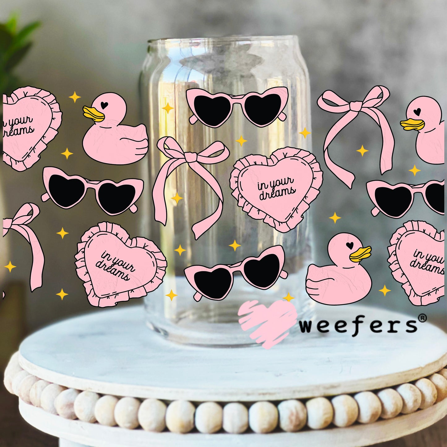 In Your Dreams Pink Ducks UV DTF Cup Wrap 16oz Libbey Glass Original Size Weefers