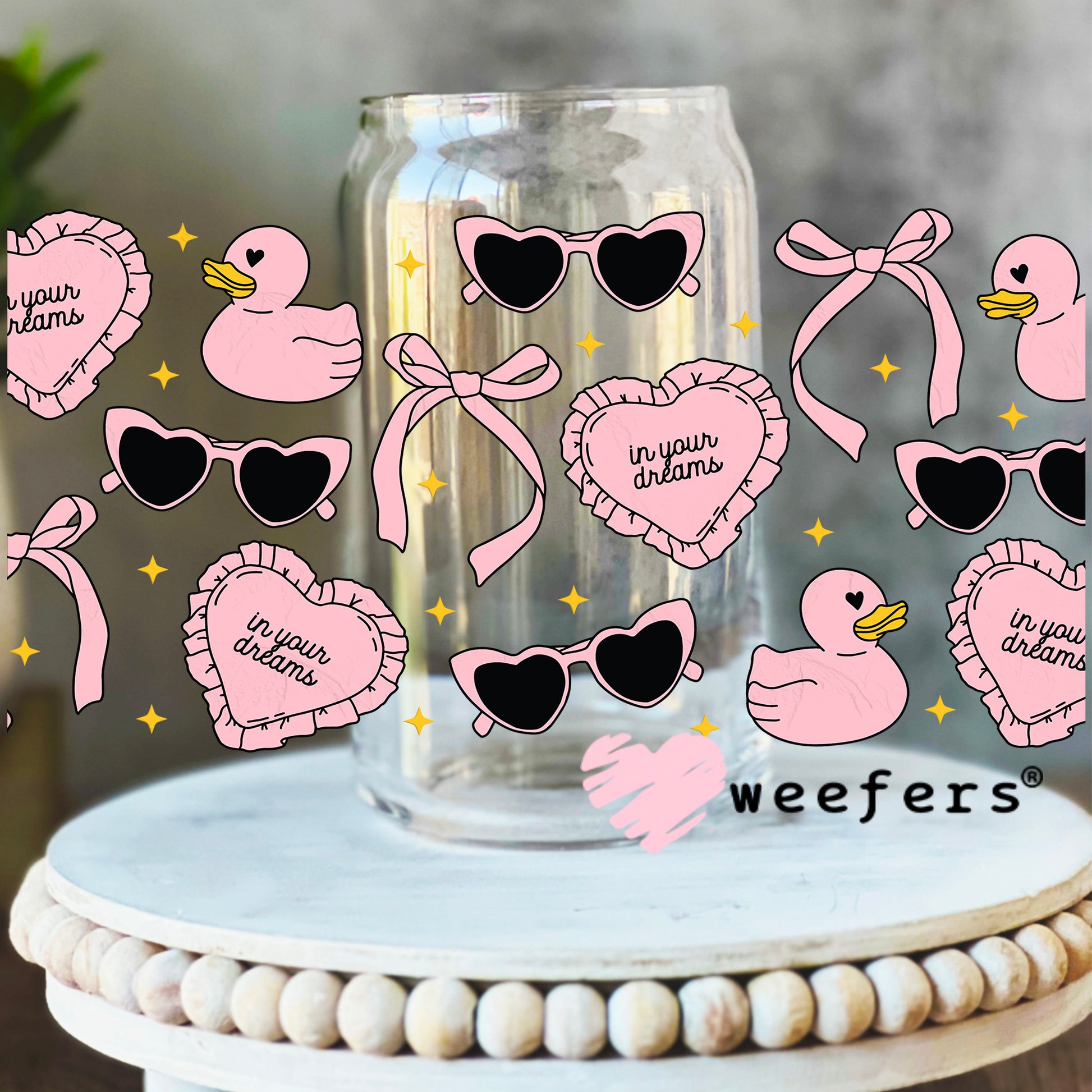 In Your Dreams Pink Ducks UV DTF Cup Wrap 16oz Libbey Glass Original Size Weefers