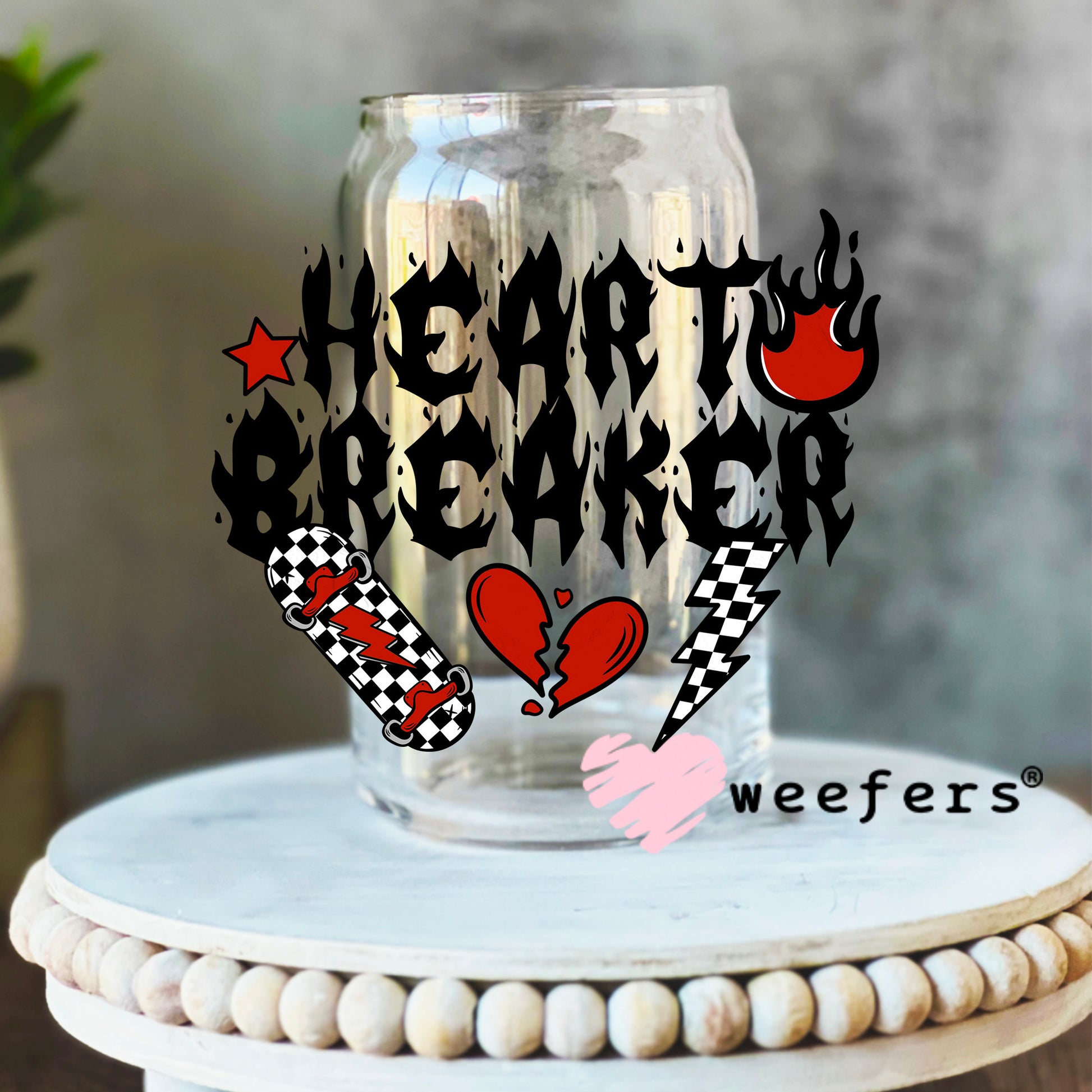 Heart Breaker Skateboard UV DTF Decal 16oz Libbey Glass Original Size Weefers