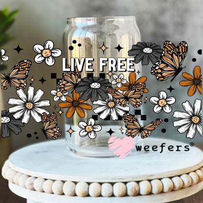 Live Free Rust and Grey Flowers UV DTF Cup Wrap 16oz Libbey Glass Original Size Weefers