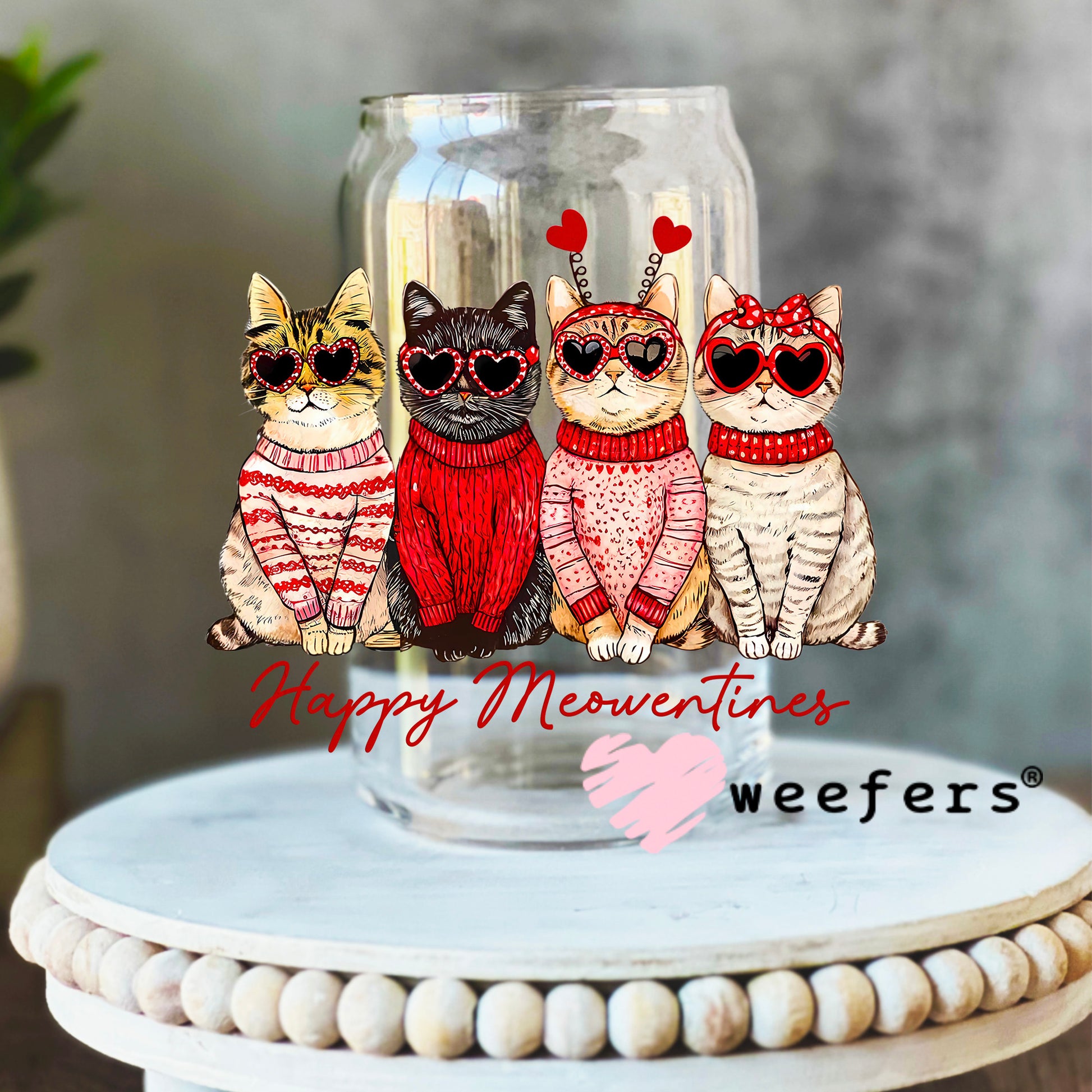 Happy Meowentines Cool Cat Friends UV DTF Decal 16oz Libbey Glass Original Size Weefers