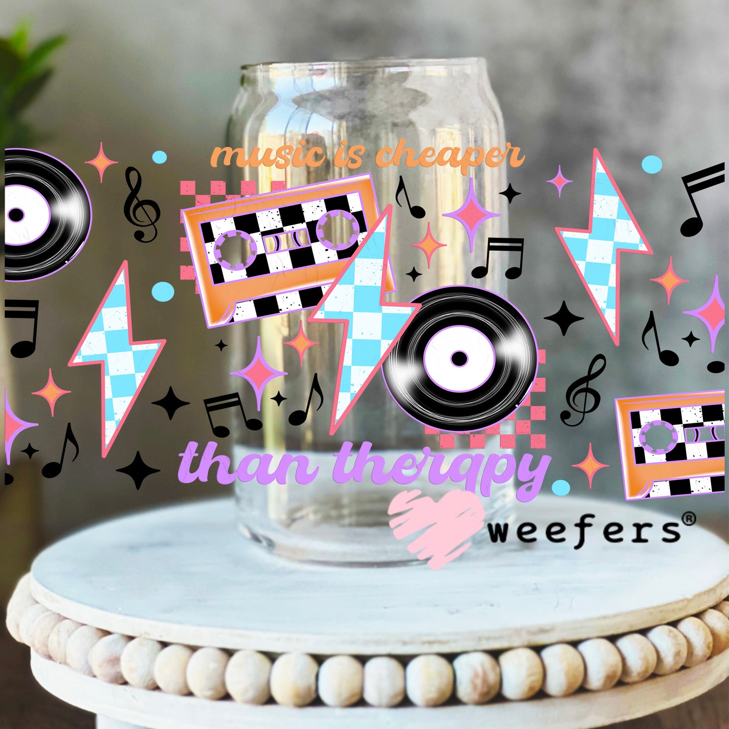 Music is Cheaper than Therapy UV DTF Cup Wrap 16oz Libbey Glass Original Size Weefers