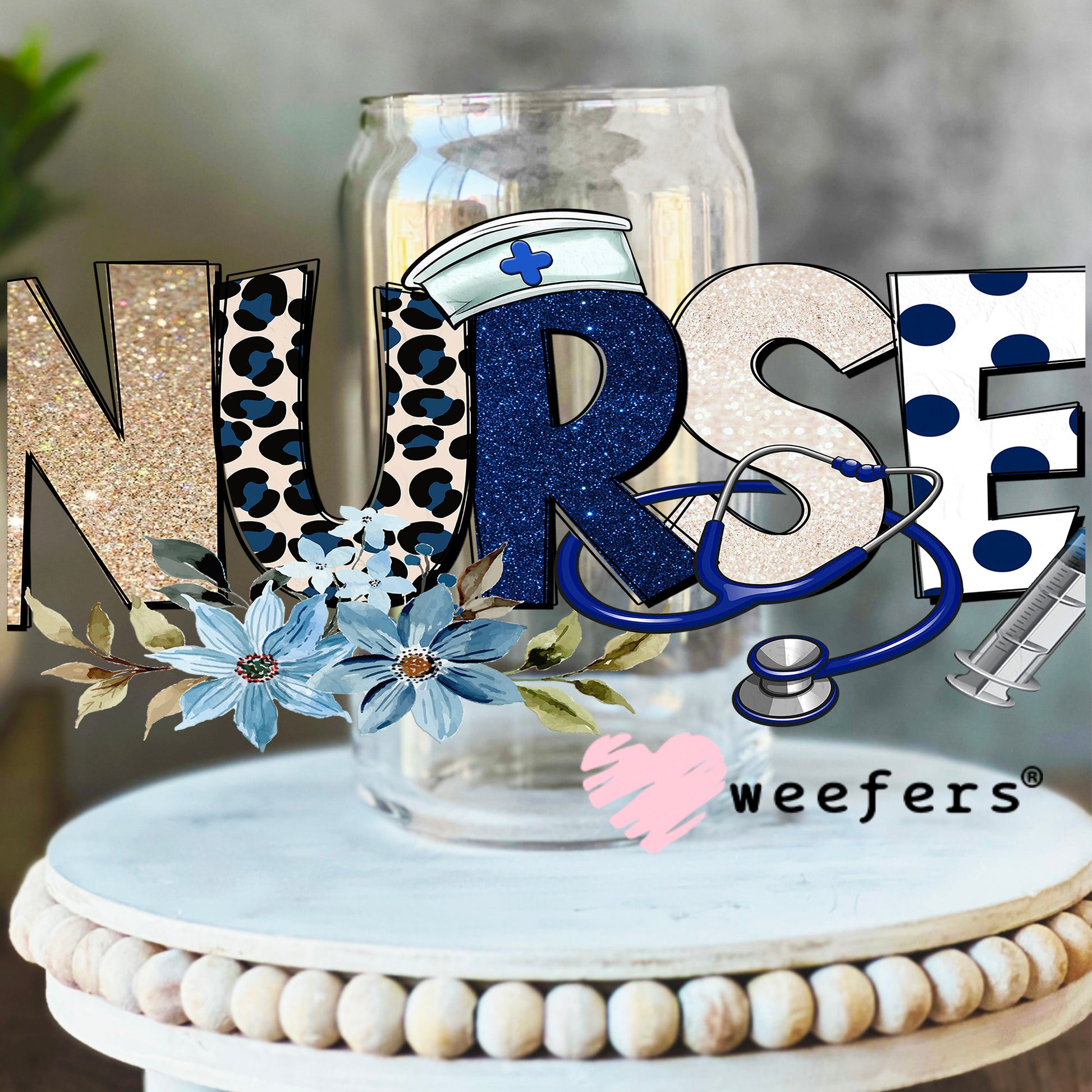 Navy Blue Nurse Florals UV DTF Cup Wrap 16oz Libbey Glass Original Size Weefers