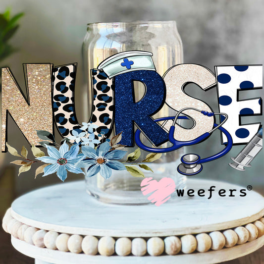 Navy Blue Nurse Florals UV DTF Cup Wrap 16oz Libbey Glass Original Size Weefers
