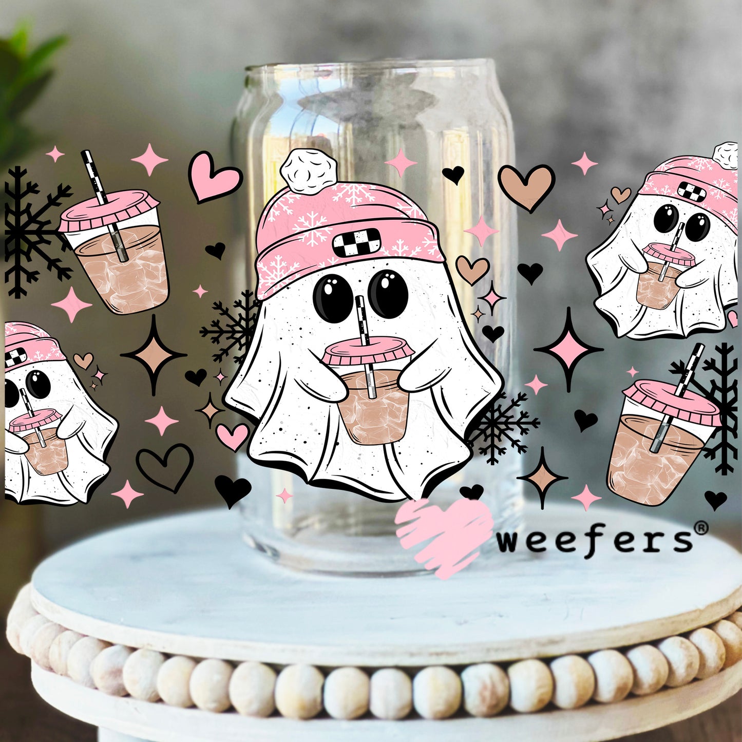 Ghost Pink Beanies and Coffee UV DTF Cup Wrap 16oz Libbey Glass Original Size Weefers