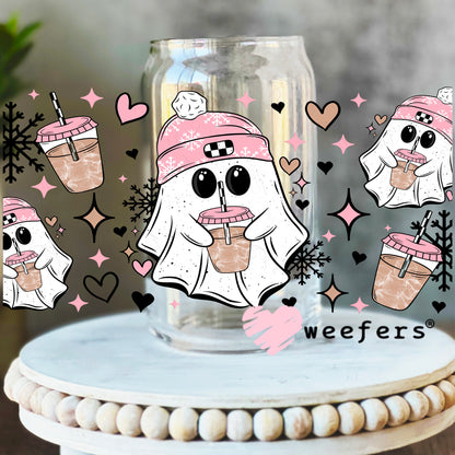 Ghost Pink Beanies and Coffee UV DTF Cup Wrap 16oz Libbey Glass Original Size Weefers