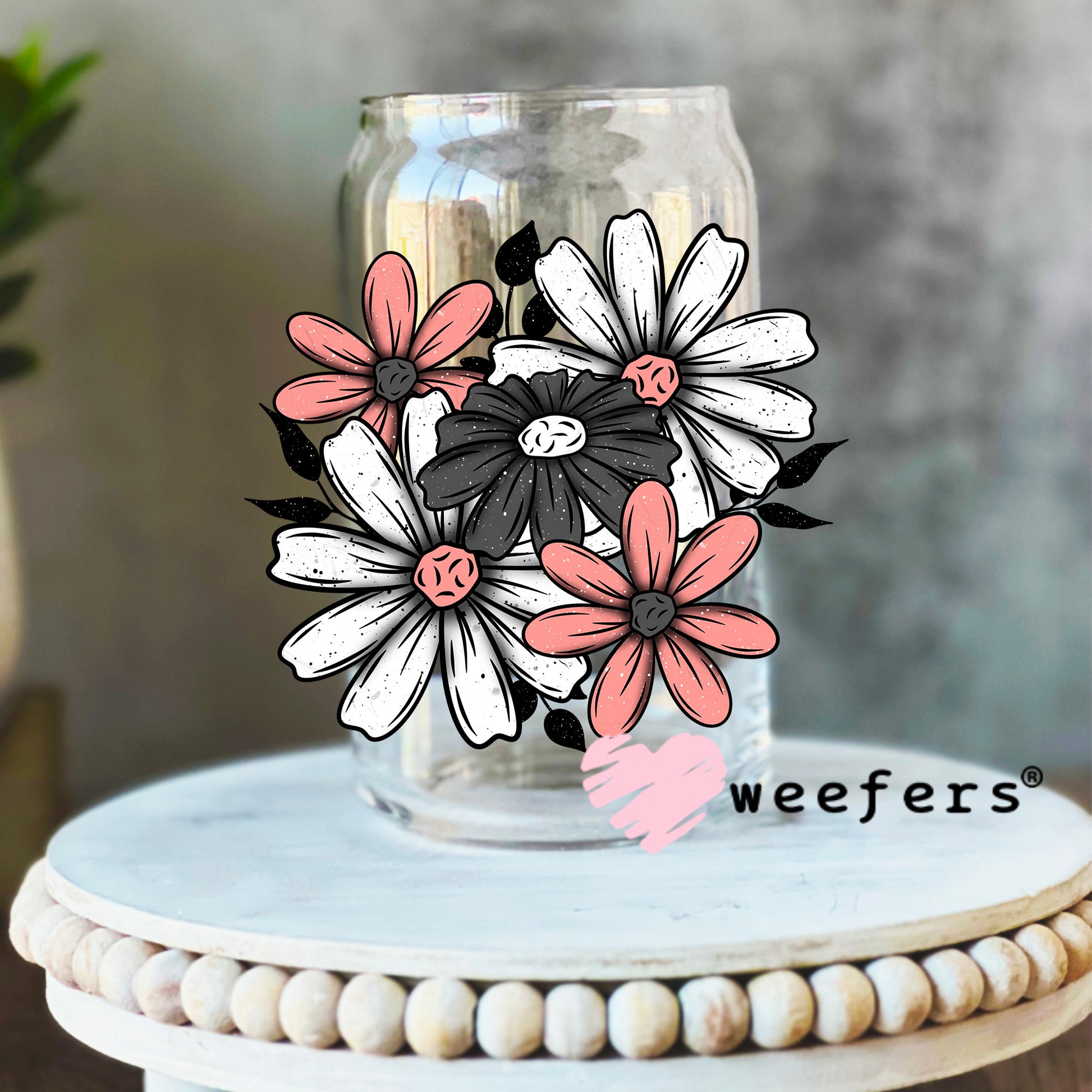 Grey White Pink Floral Bouquet UV DTF Decal 16oz Libbey Glass Original Size Weefers