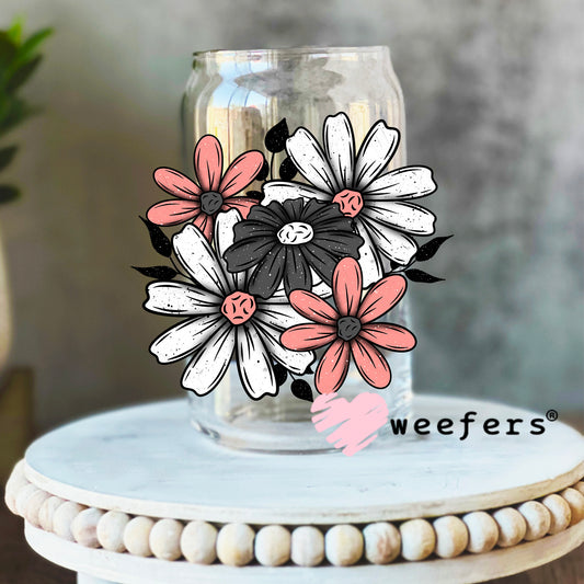 Grey White Pink Floral Bouquet UV DTF Decal 16oz Libbey Glass Original Size Weefers