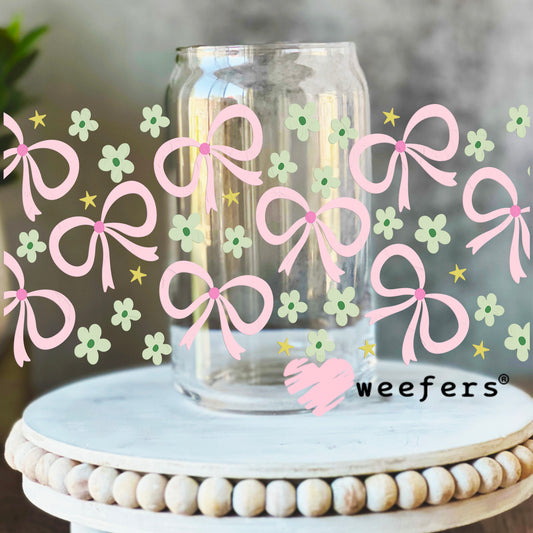 Pretty Pink Bows and Dainty Green Flowers UV DTF Cup Wrap 16oz Libbey Glass Original Size Weefers