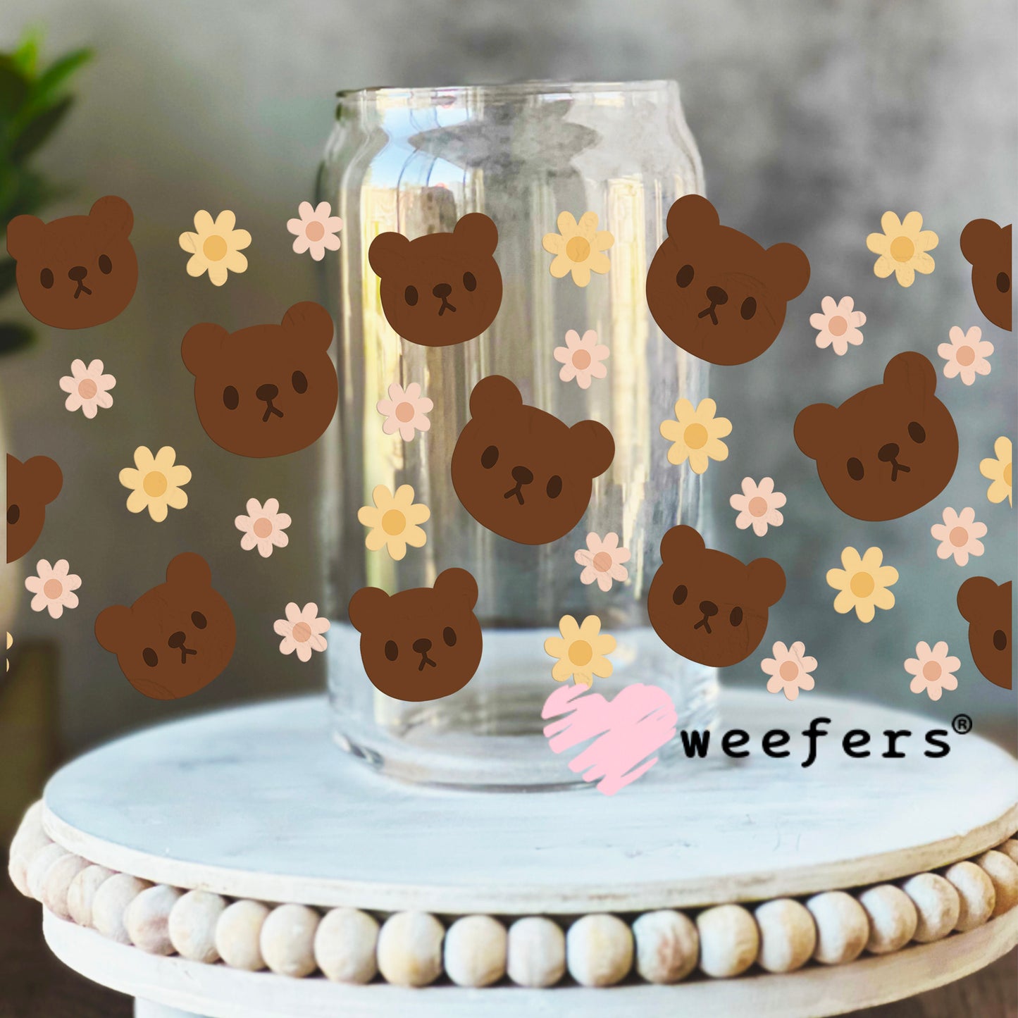 Teddy Bear Faces and Flowers UV DTF Cup Wrap 16oz Libbey Glass Original Size Weefers