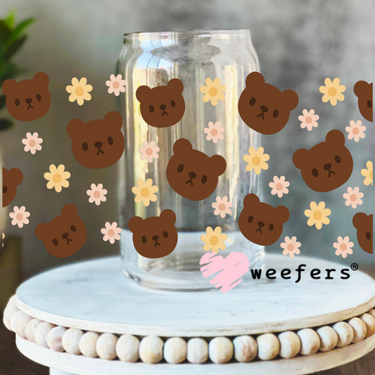 Teddy Bear Faces and Flowers UV DTF Cup Wrap 16oz Libbey Glass Original Size Weefers