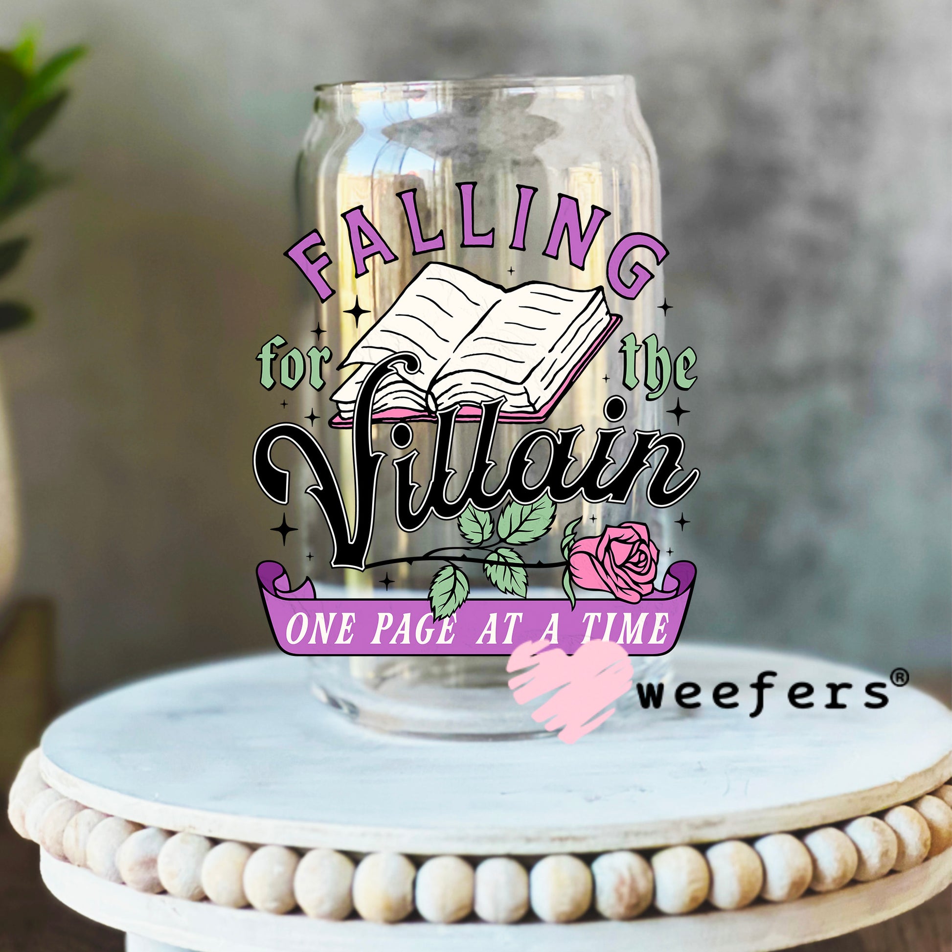 Falling for the Villain One page at a Time UV DTF Decal 16oz Libbey Glass Original Size Weefers