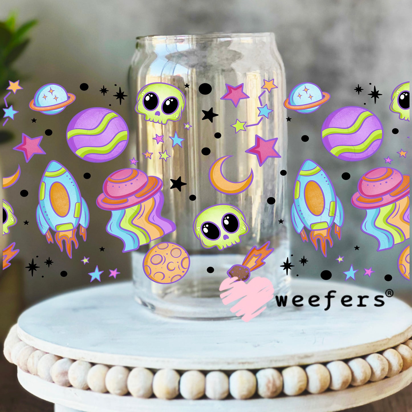 Aliens and Rocket Ships Girly UV DTF Cup Wrap 16oz Libbey Glass Original Size Weefers