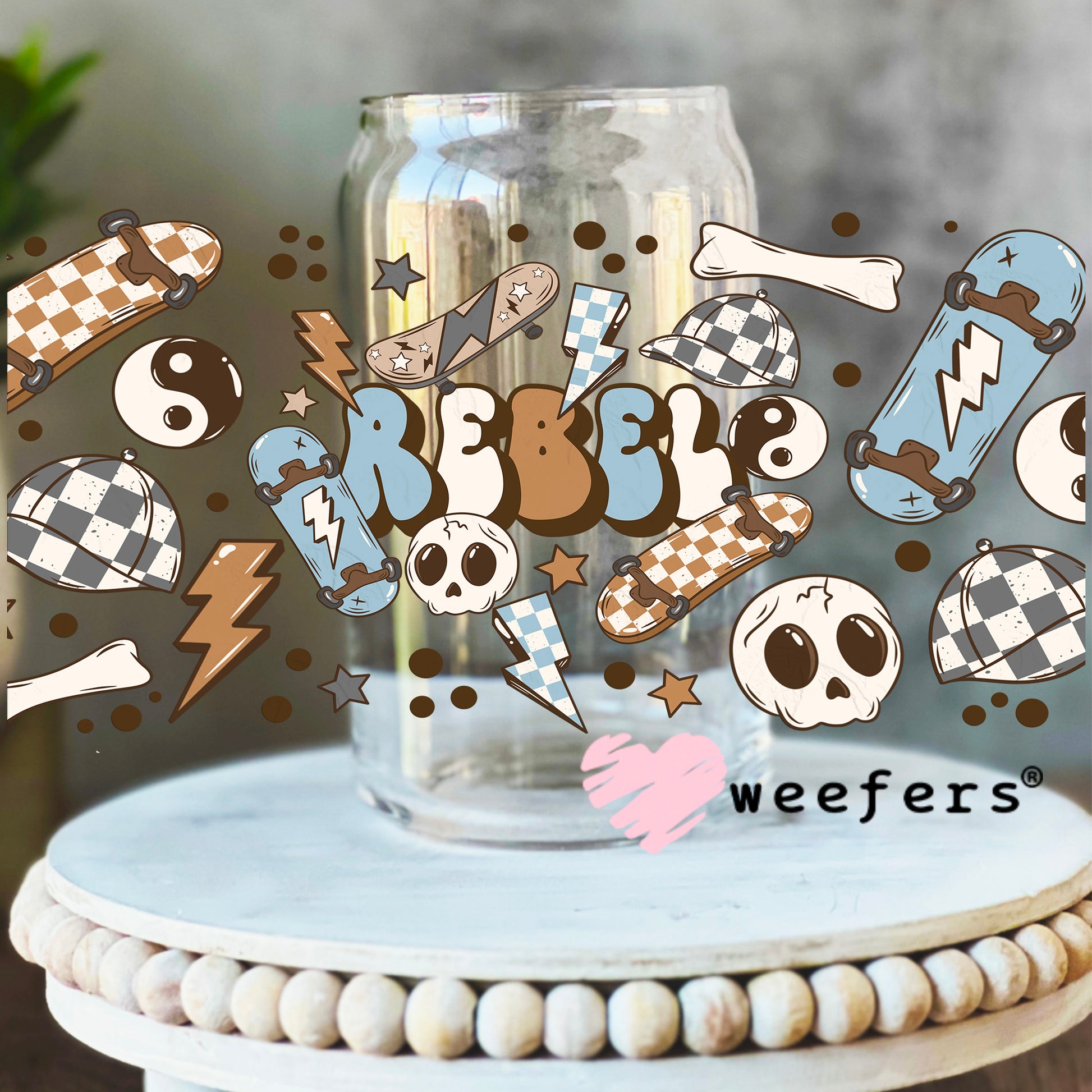 Rebel Skateboard Blue Brown UV DTF Cup Wrap 16oz Libbey Glass Original Size Weefers