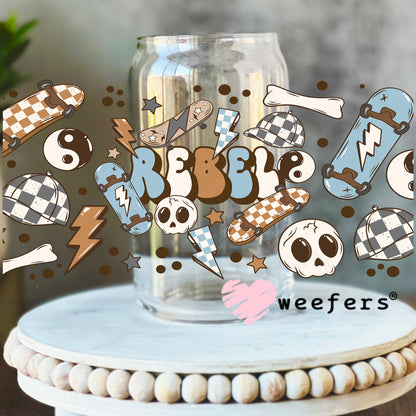 Rebel Skateboard Blue Brown UV DTF Cup Wrap 16oz Libbey Glass Original Size Weefers