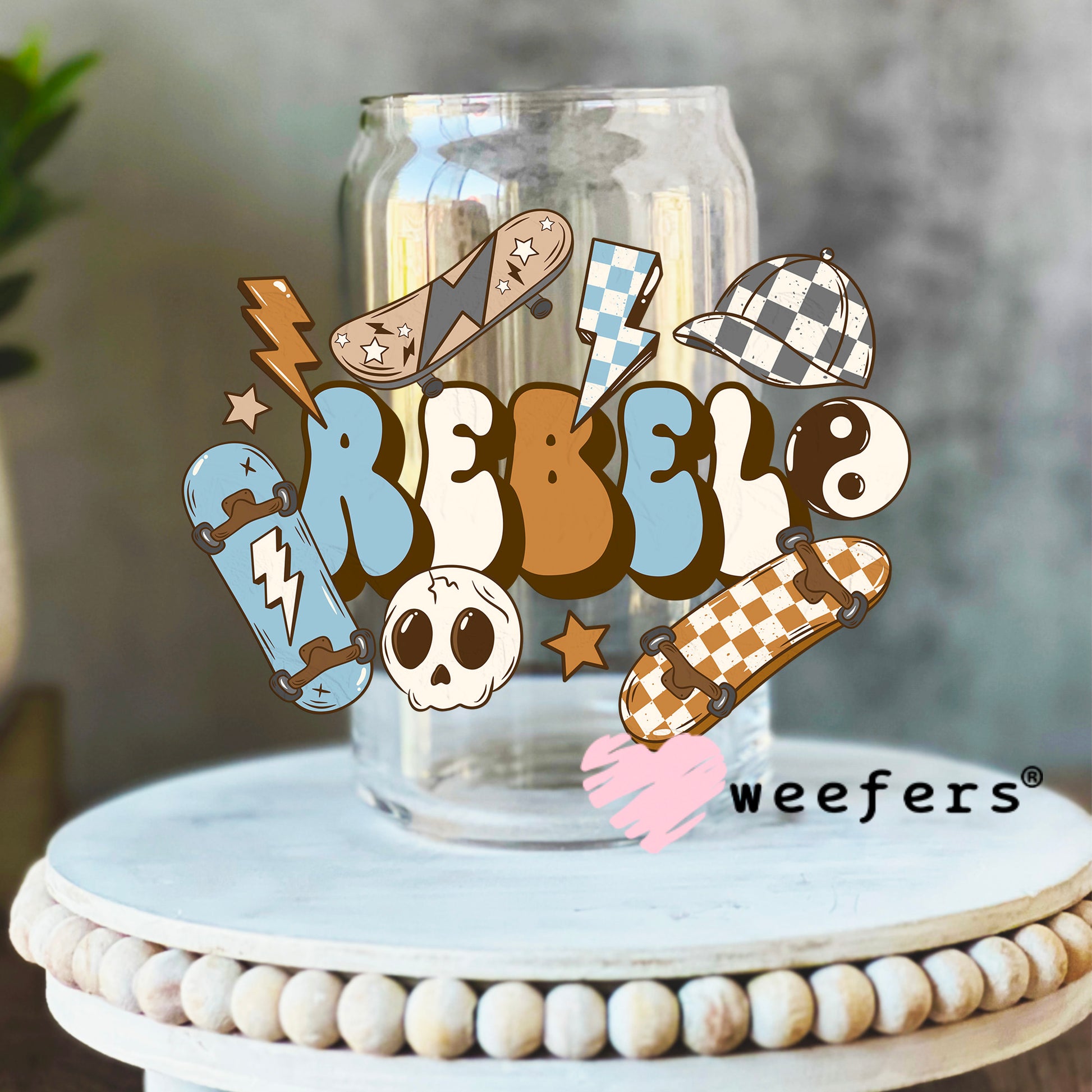 Rebel Skateboard Blue Brown UV DTF Decal 16oz Libbey Glass Original Size Weefers