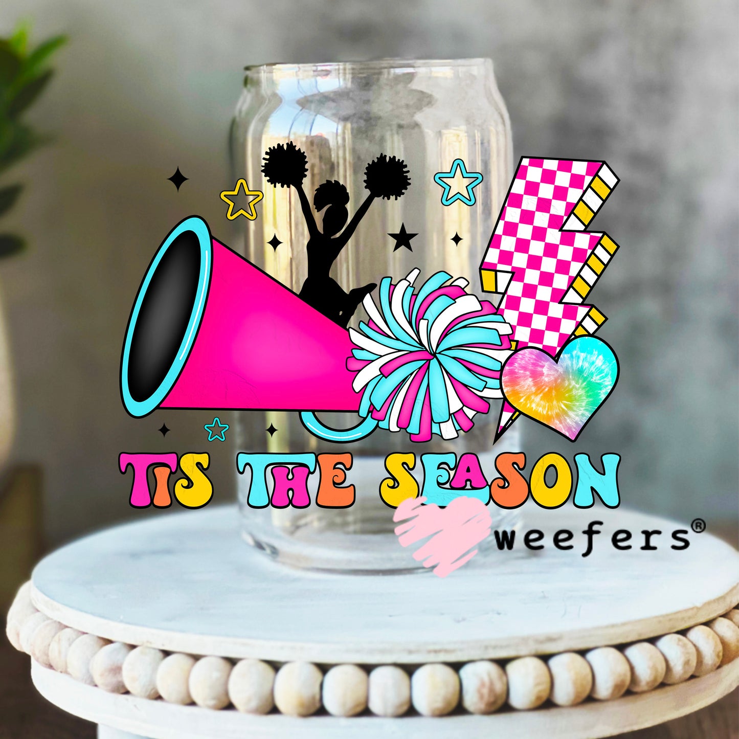 Tis the Season Cheerleading UV DTF Decal 16oz Libbey Glass Original Size Weefers