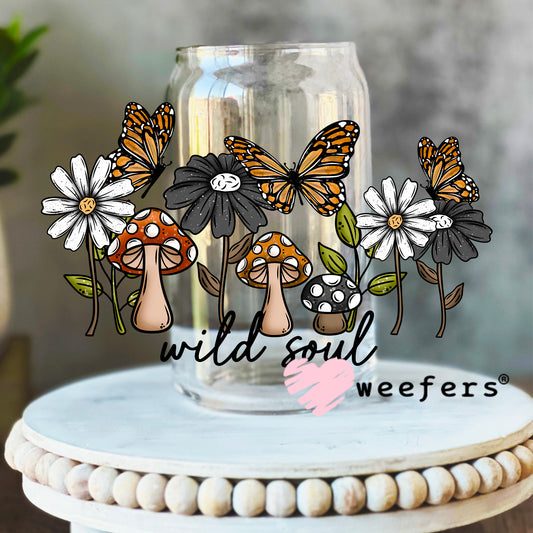 Wild Soul Mushrooms Butterflies and Flowers UV DTF Decal 16oz Libbey Glass Original Size Weefers