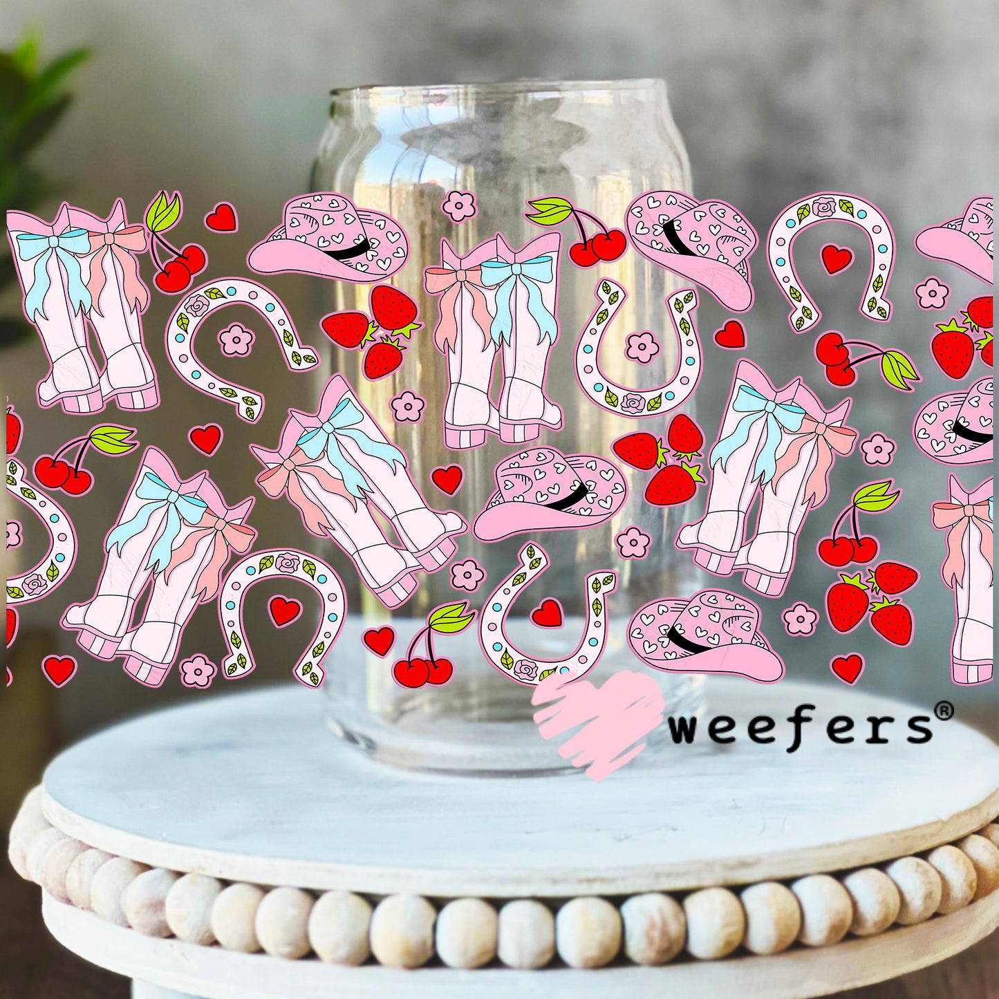 Girly Cowgirl Coquette Vibes UV DTF Cup Wrap 16oz Libbey Glass Original Size Weefers