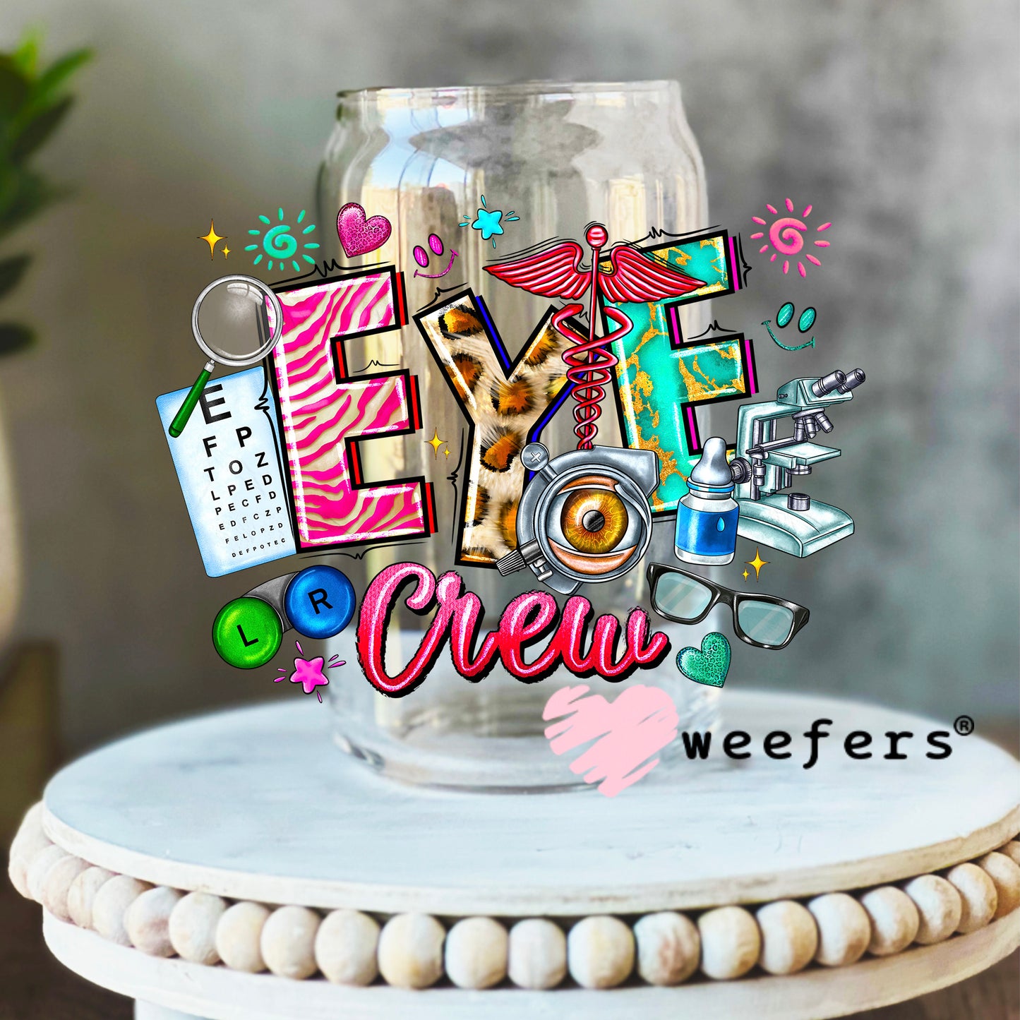 Eye Crew Optometry UV DTF Decal 16oz Libbey Glass Original Size Weefers