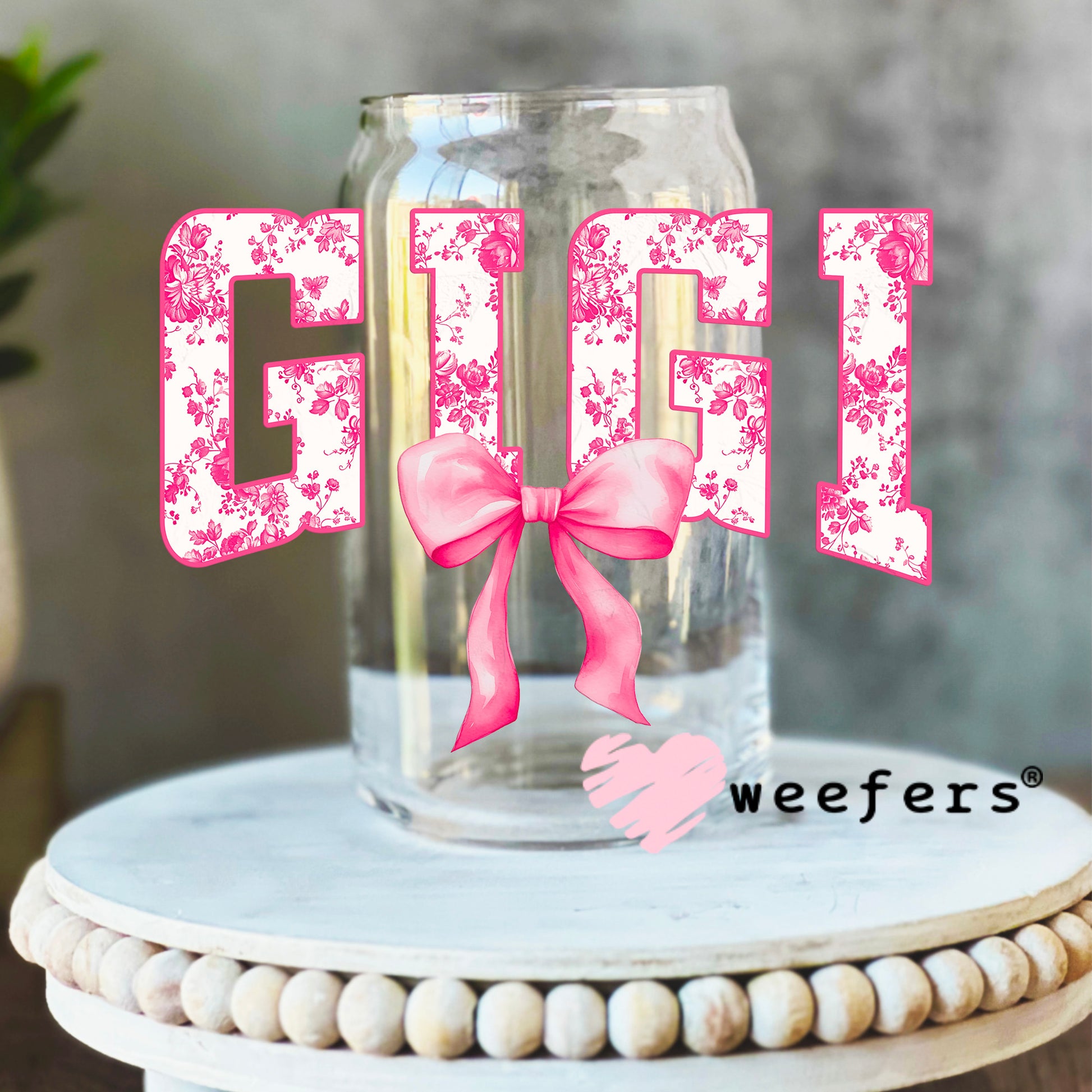 Gigi Pink Coquette UV DTF Decal 16oz Libbey Glass Original Size Weefers