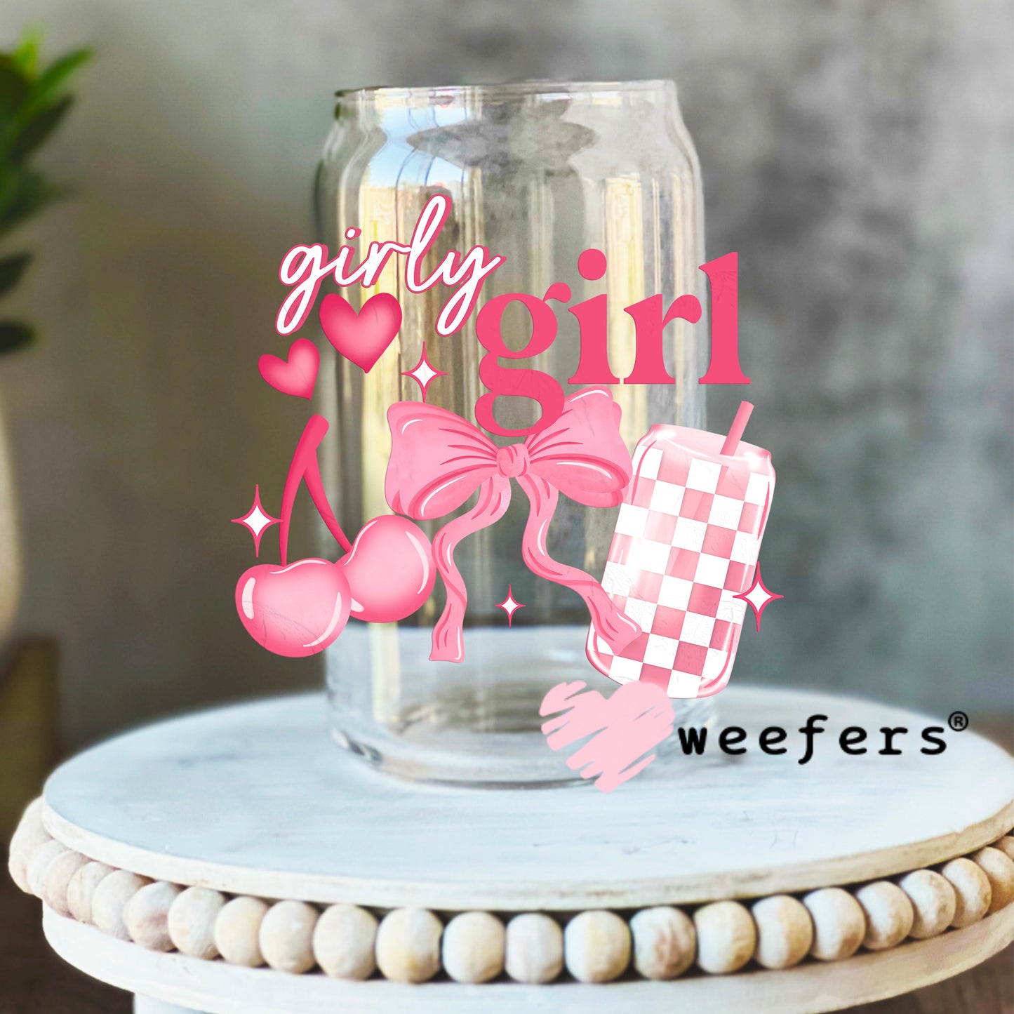 Girly Girl Pink Coquette Vibes UV DTF Decal 16oz Libbey Glass Original Size Weefers
