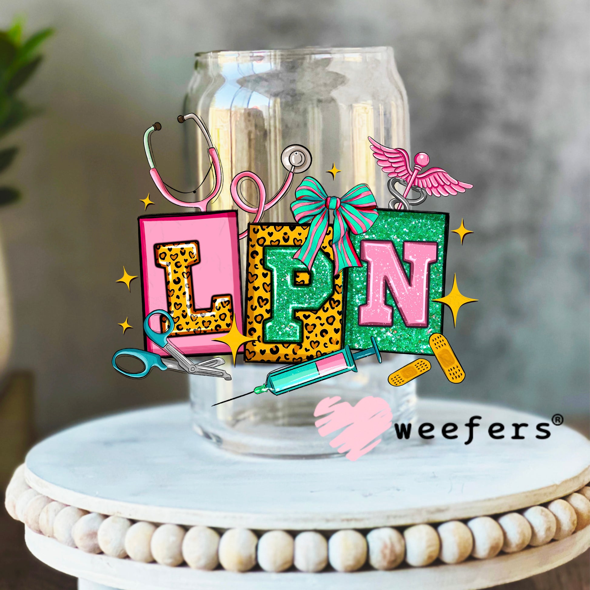 LPN Teal and Pink UV DTF Decal 16oz Libbey Glass Original Size Weefers