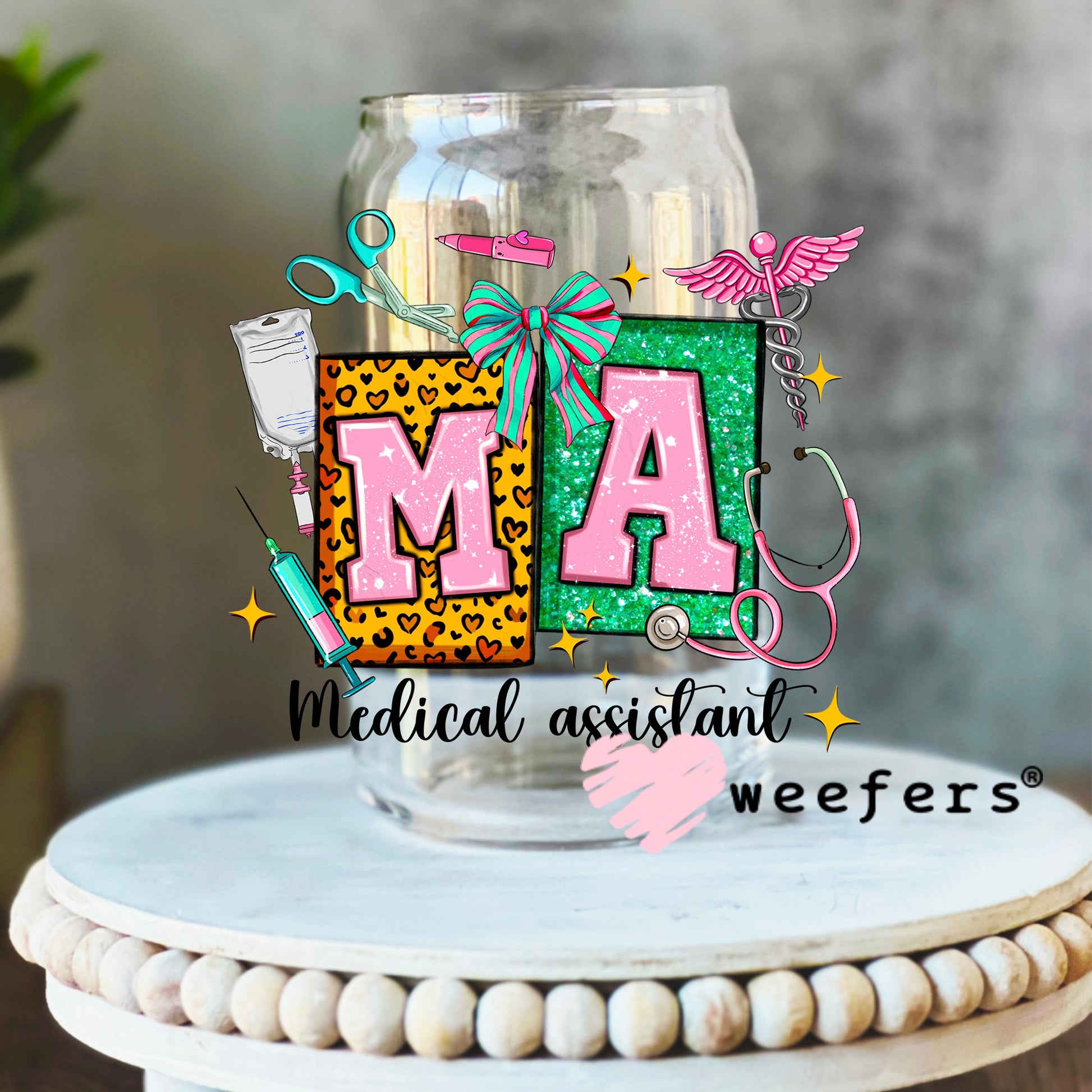 MA Medical Assistant Teal and Pink UV DTF Decal 16oz Libbey Glass Original Size Weefers