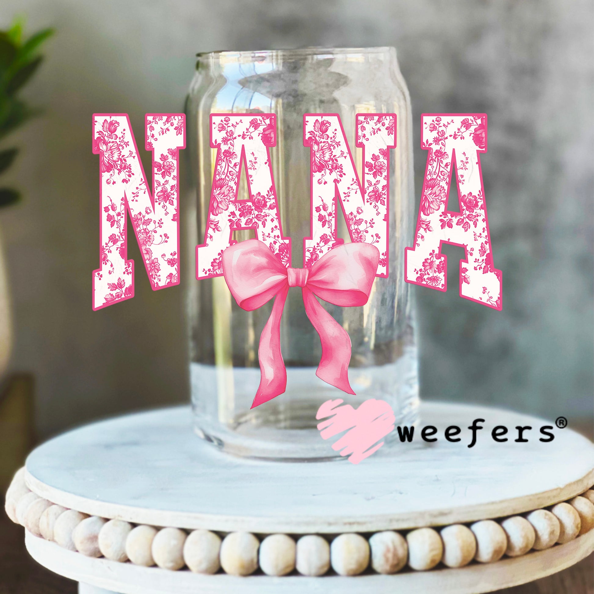 Nana Pink Coquette UV DTF Decal 16oz Libbey Glass Original Size Weefers