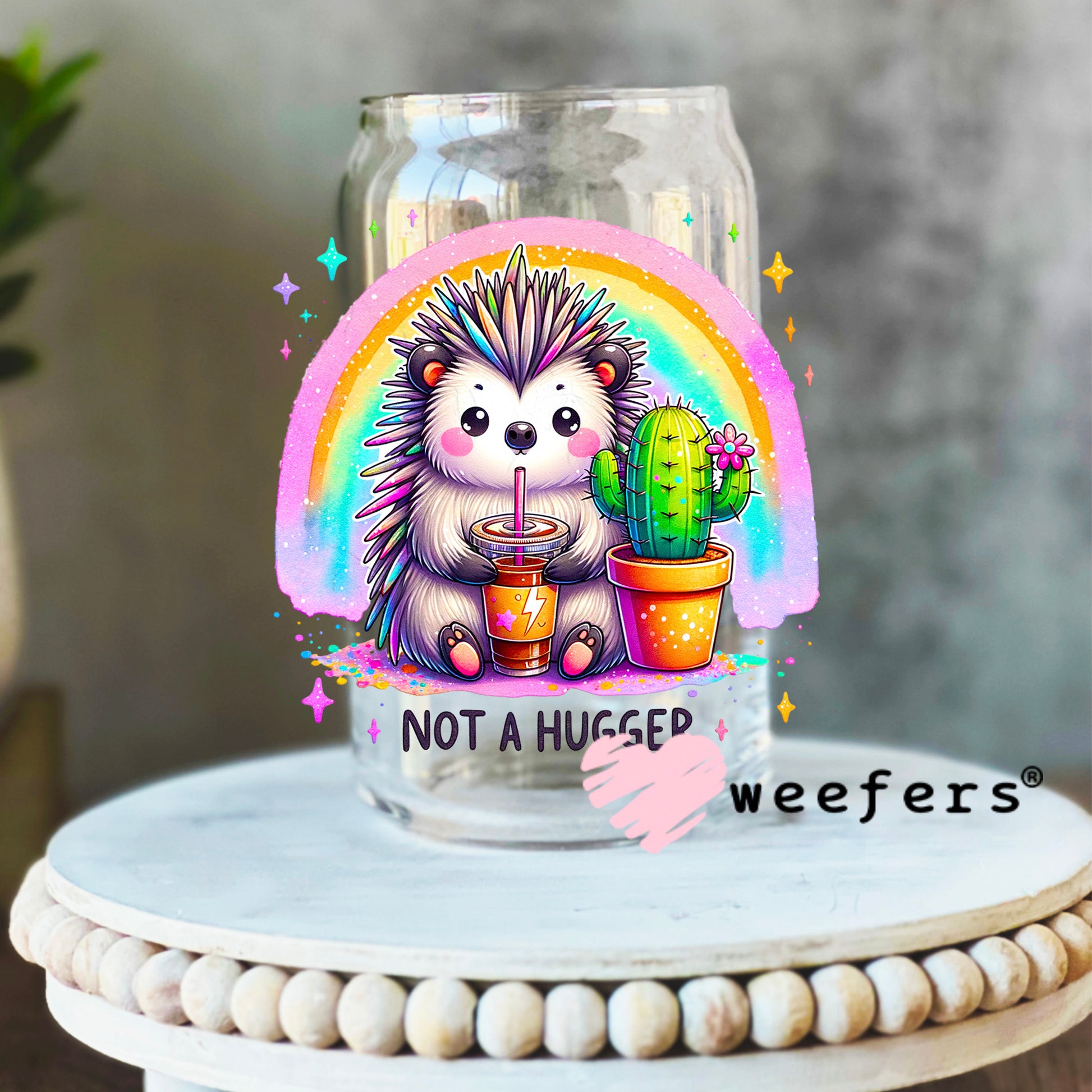 Not a Hugger Porcupine Cactus Friends UV DTF Decal 16oz Libbey Glass Original Size Weefers