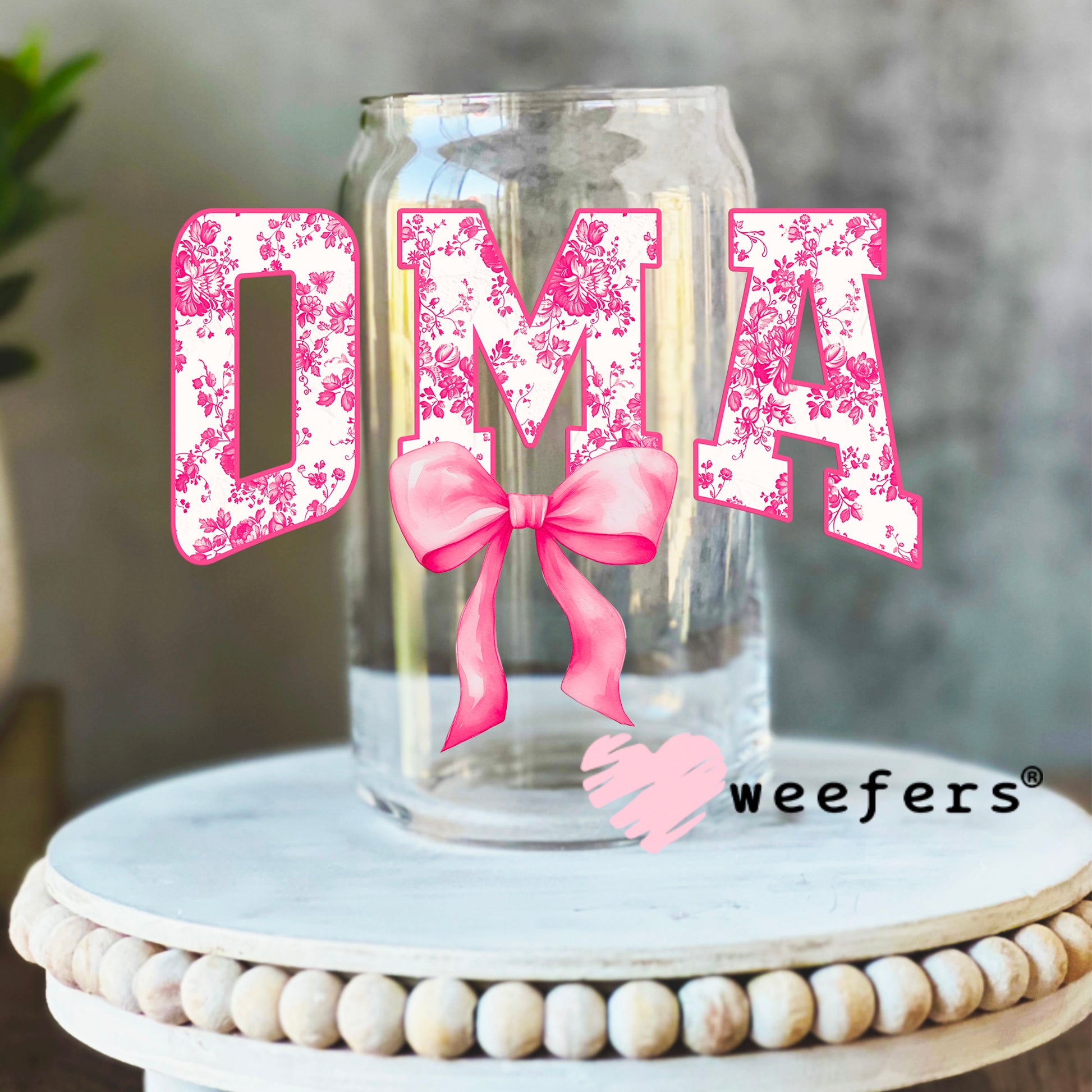 Oma Pink Coquette UV DTF Decal 16oz Libbey Glass Original Size Weefers