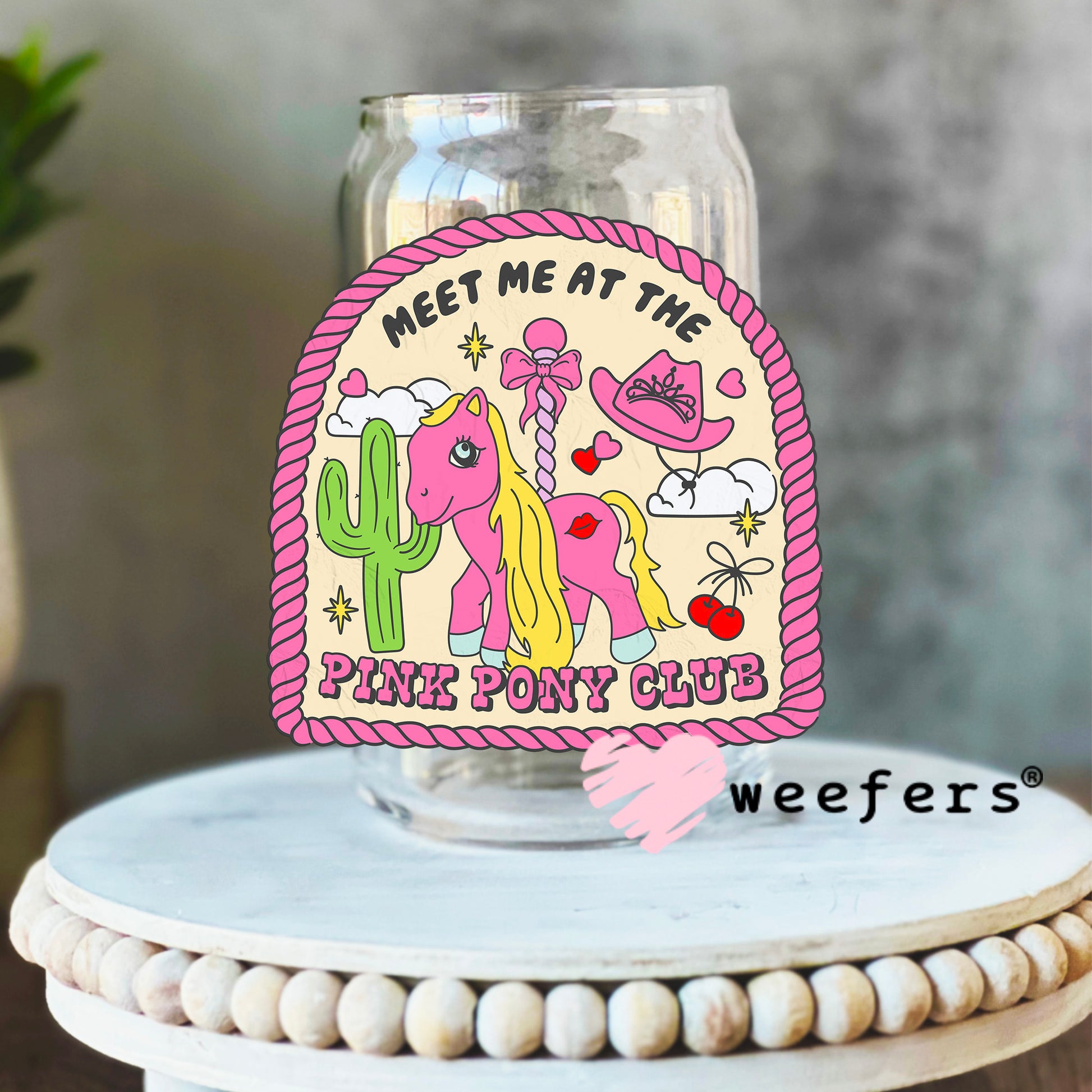 Meet Me At The Pink Pony Club UV DTF Decal 16oz Libbey Glass Original Size Weefers