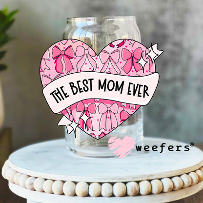 The Best Mom Ever Pink Heart Coquette UV DTF Decal 16oz Libbey Glass Original Size Weefers