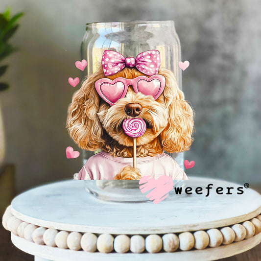 Goldendoodle Pink Coquette Doggy UV DTF Decal 16oz Libbey Glass Original Size Weefers