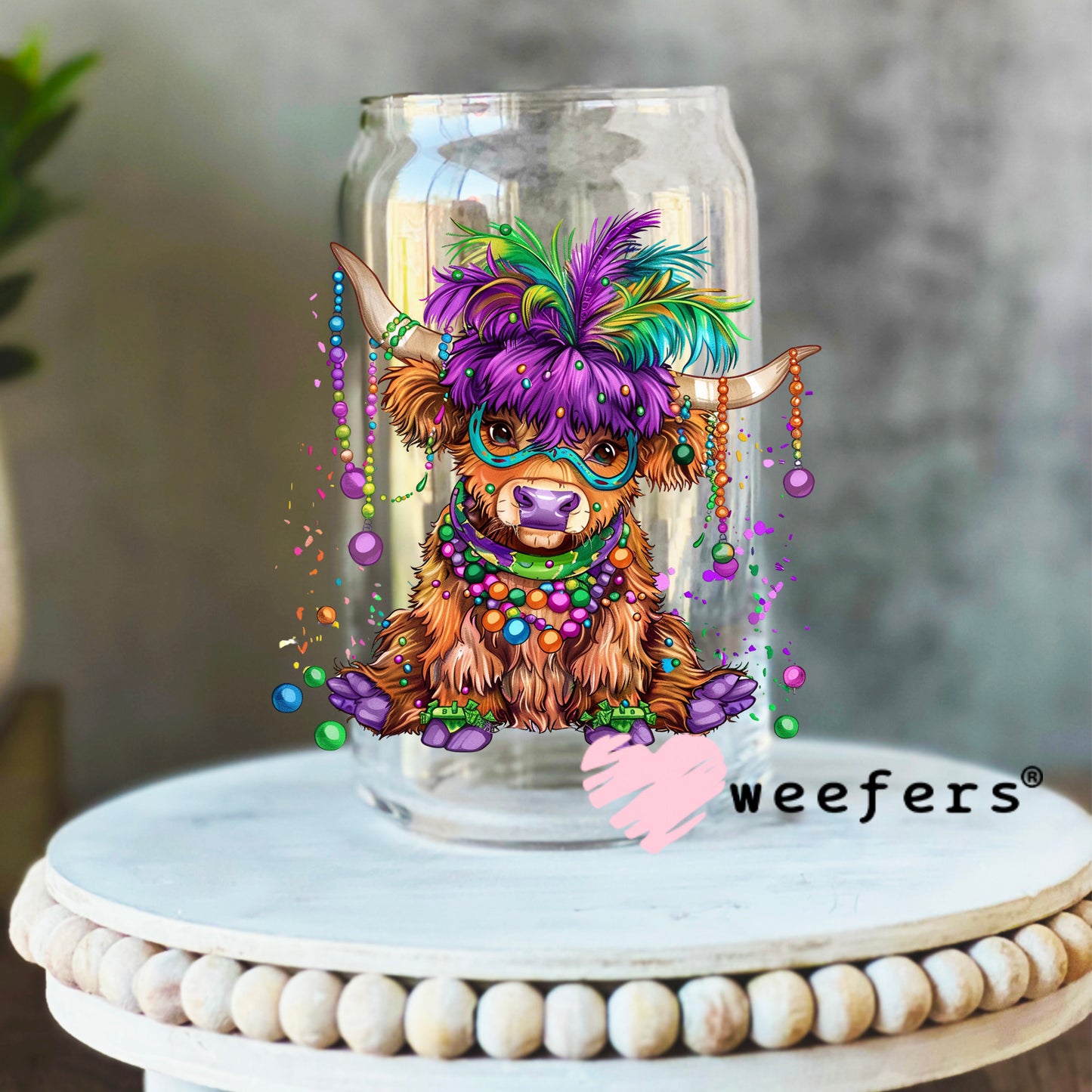 Mardi Gras Bougee Highlander Cow UV DTF Decal 16oz Libbey Glass Original Size Weefers