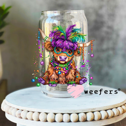 Mardi Gras Bougee Highlander Cow UV DTF Decal 16oz Libbey Glass Original Size Weefers