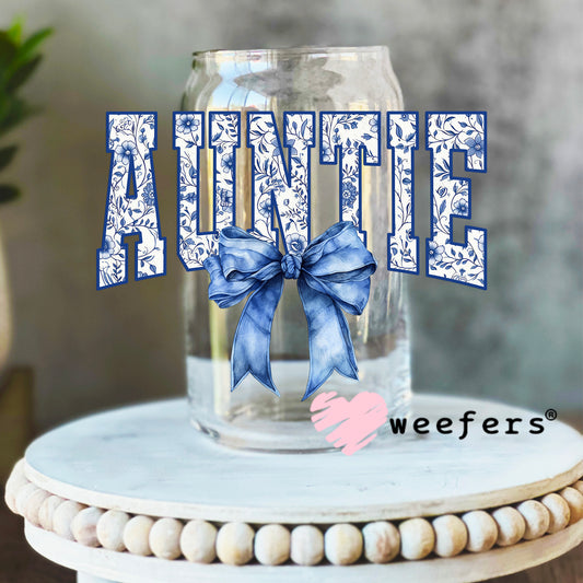 Auntie Blue Toile Bow UV DTF Decal 16oz Libbey Glass Original Size Weefers
