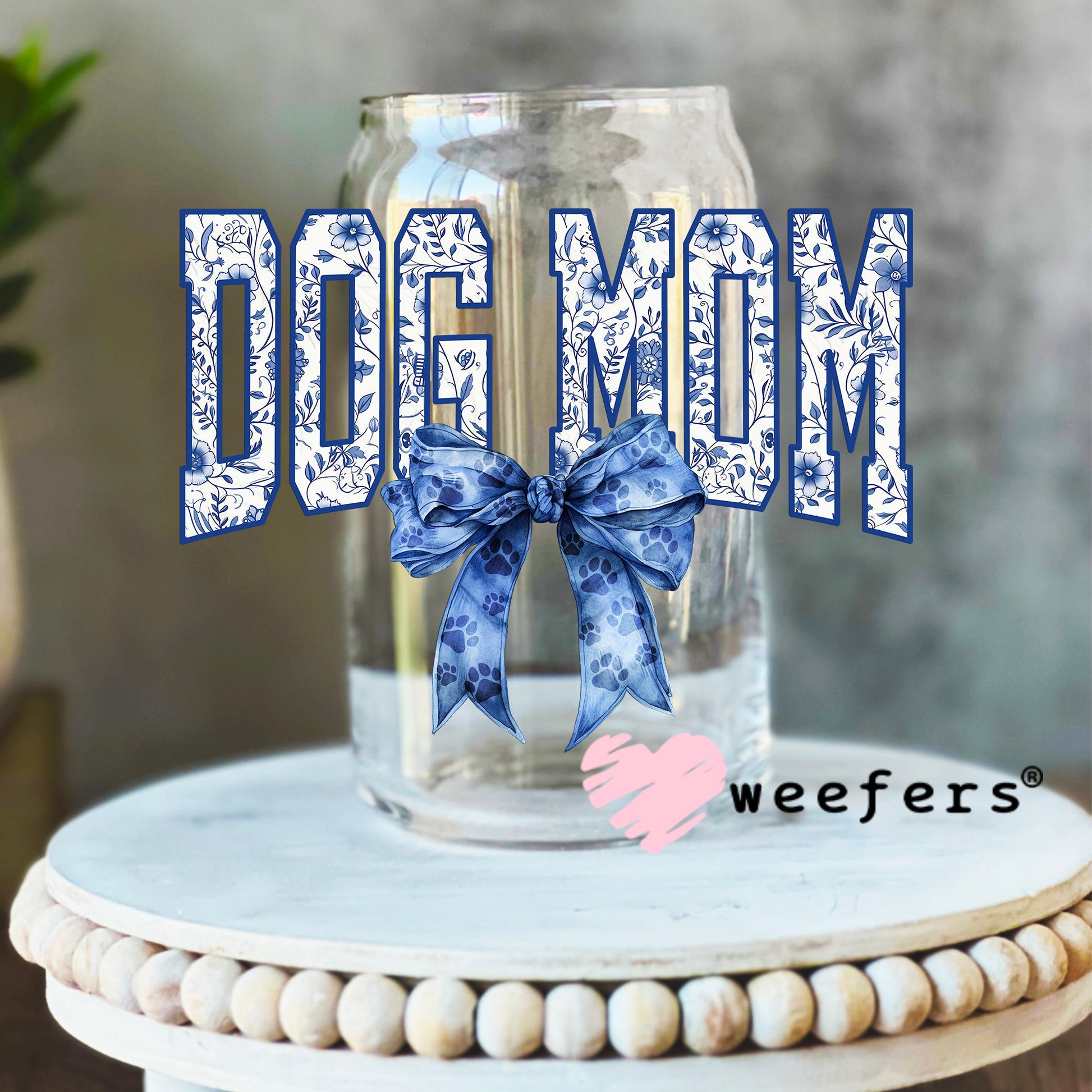 Dog Mom Blue Toile Bow UV DTF Decal 16oz Libbey Glass Original Size Weefers