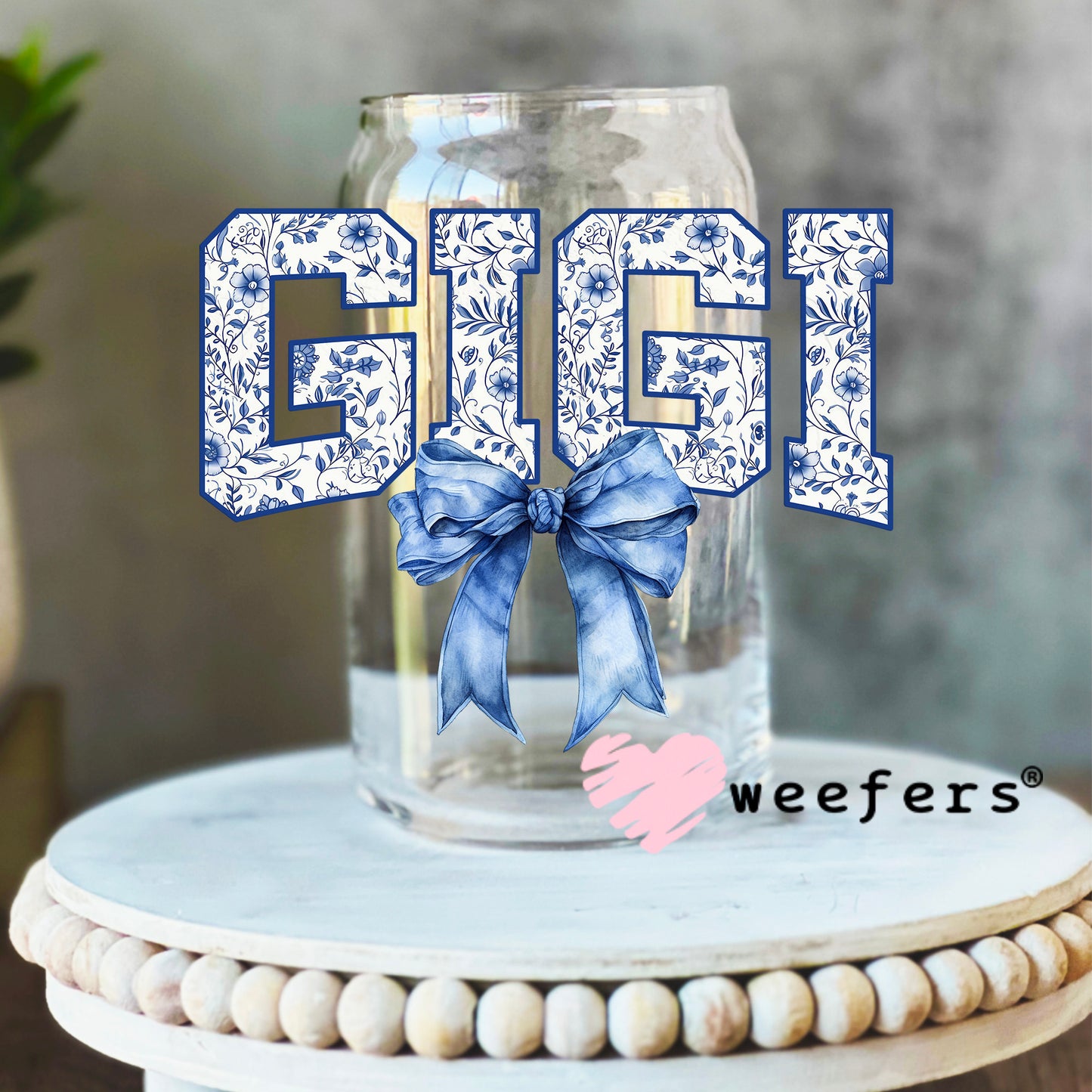 Gigi Blue Toile Bow UV DTF Decal 16oz Libbey Glass Original Size Weefers