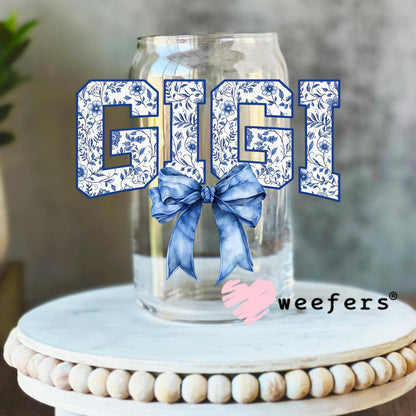 Gigi Blue Toile Bow UV DTF Decal 16oz Libbey Glass Original Size Weefers