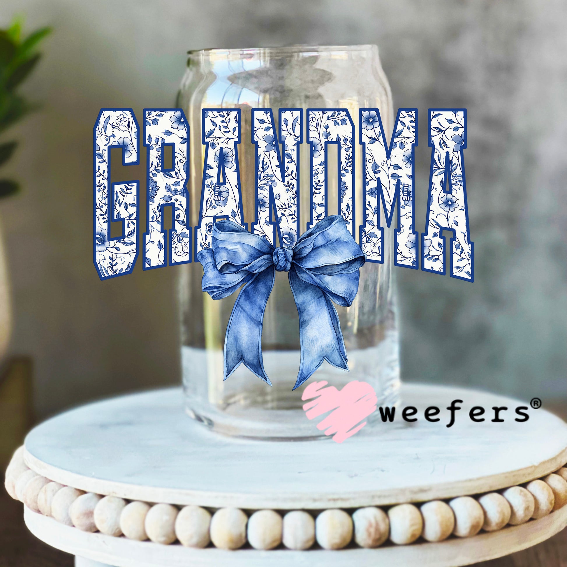 Grandma Blue Toile Bow UV DTF Decal 16oz Libbey Glass Original Size Weefers