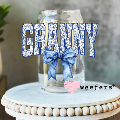 Granny Blue Toile Bow UV DTF Decal 16oz Libbey Glass Original Size Weefers