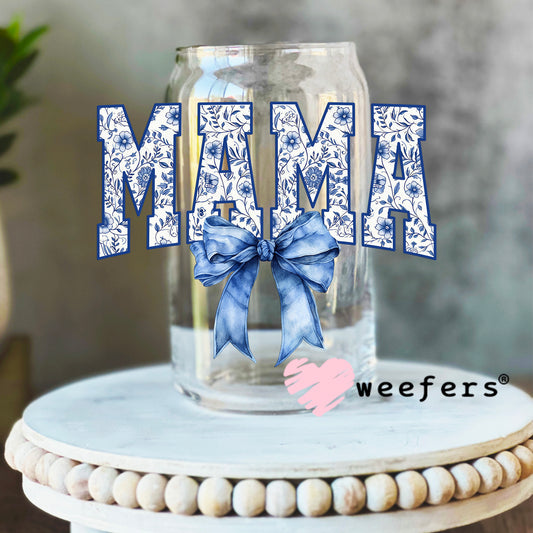 Mama Blue Toile Bow UV DTF Decal 16oz Libbey Glass Original Size Weefers