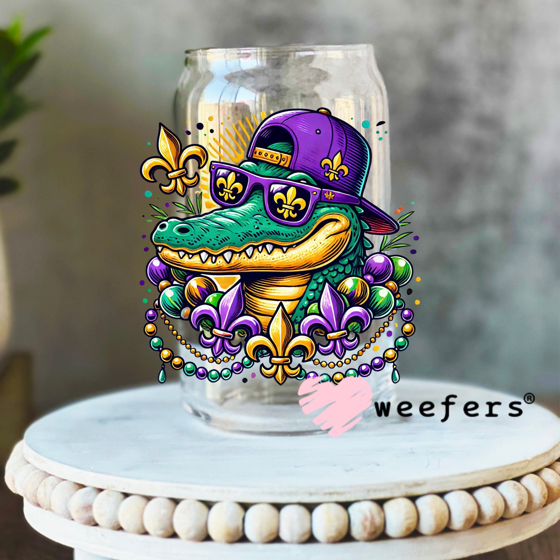 Mardi Gras Cool Alligator UV DTF Decal 16oz Libbey Glass Original Size Weefers