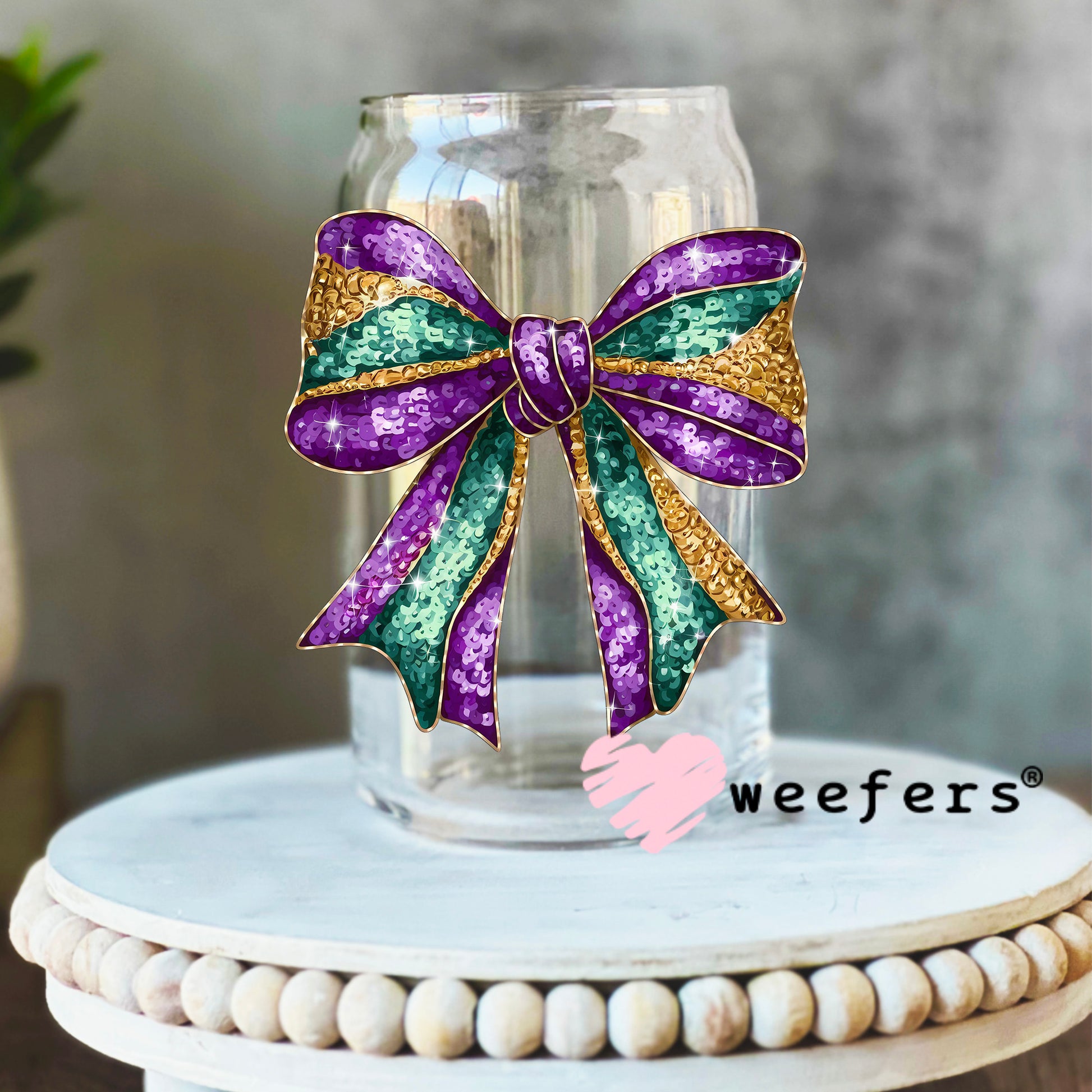 Mardi Gras Bow UV DTF Decal 16oz Libbey Glass Original Size Weefers